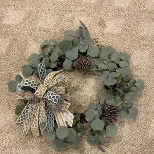 Eucalyptus Holiday Wreath with Pinecones and Cream-Blue Bow